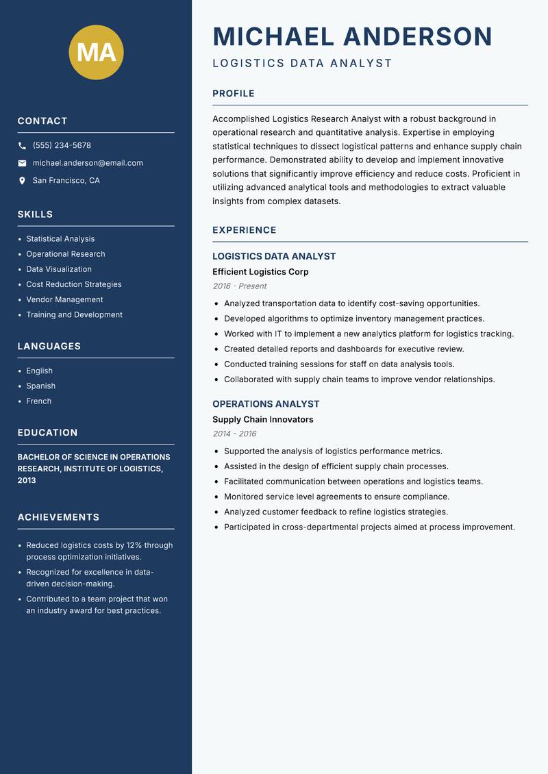 Logistics Research Analyst resume sample — Logistics Data Analyst focus