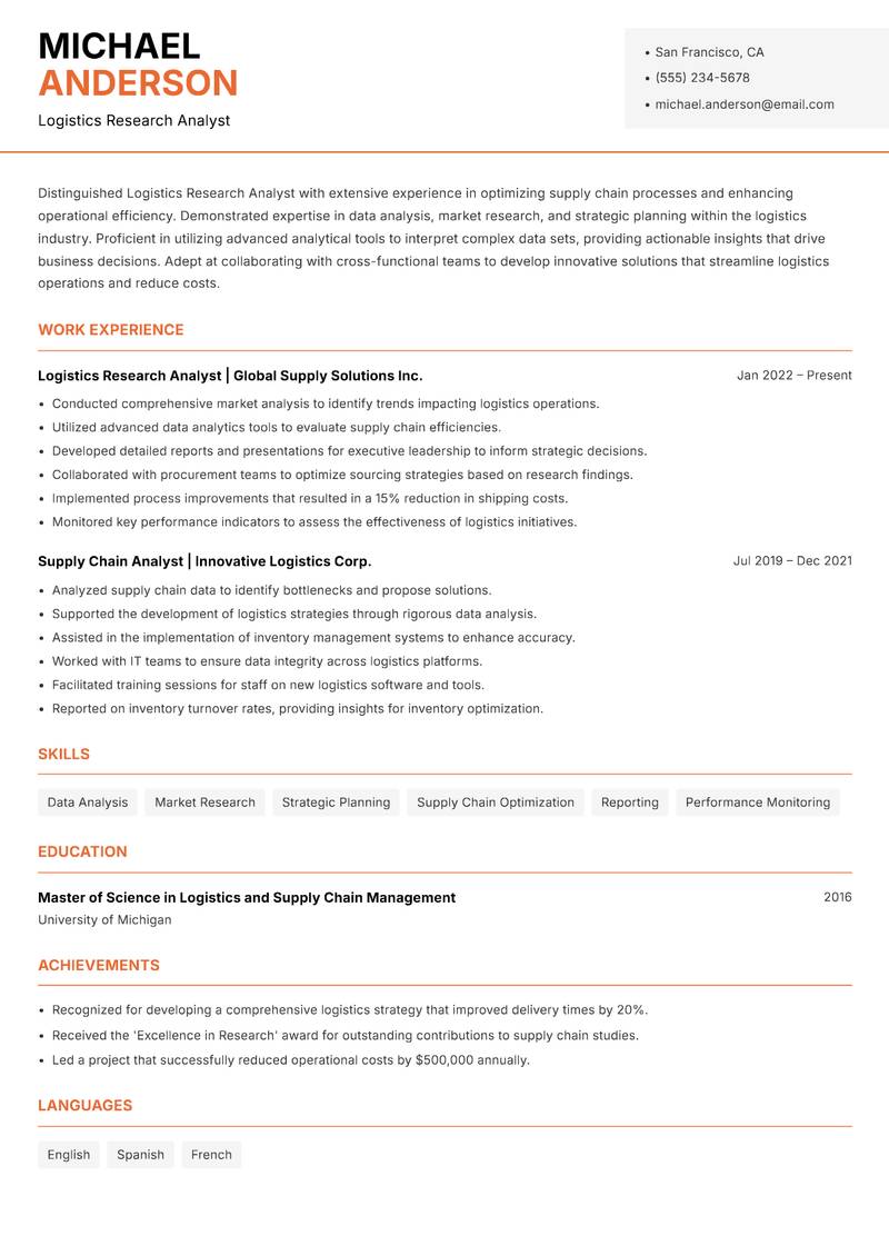 Logistics Research Analyst resume sample — Logistics Research Analyst focus
