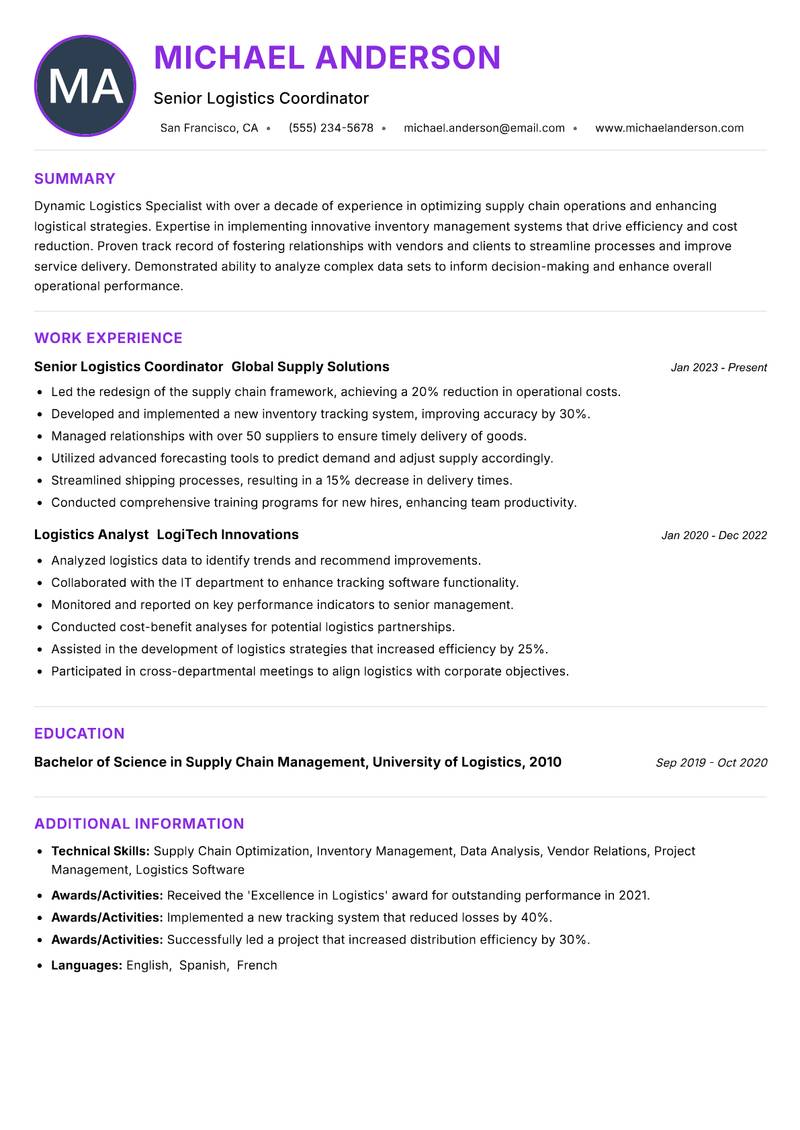 Logistics Specialist resume example
