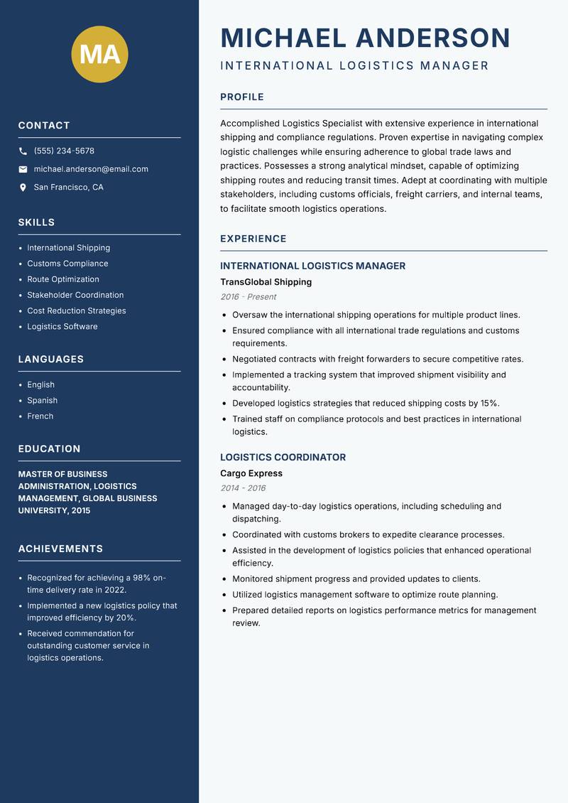 Logistics Specialist resume sample — International Logistics Manager focus