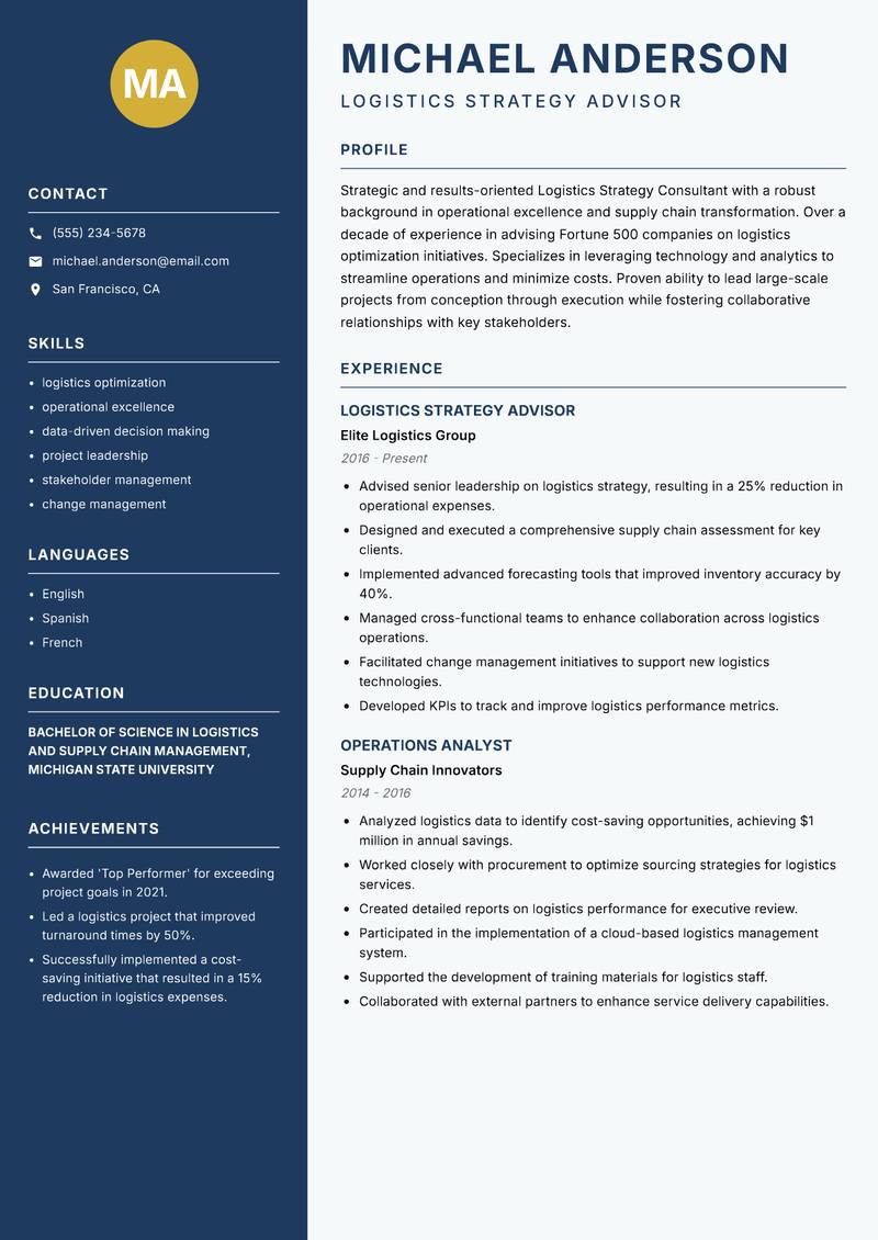 Logistics Strategy Consultant resume sample — Logistics Strategy Advisor focus