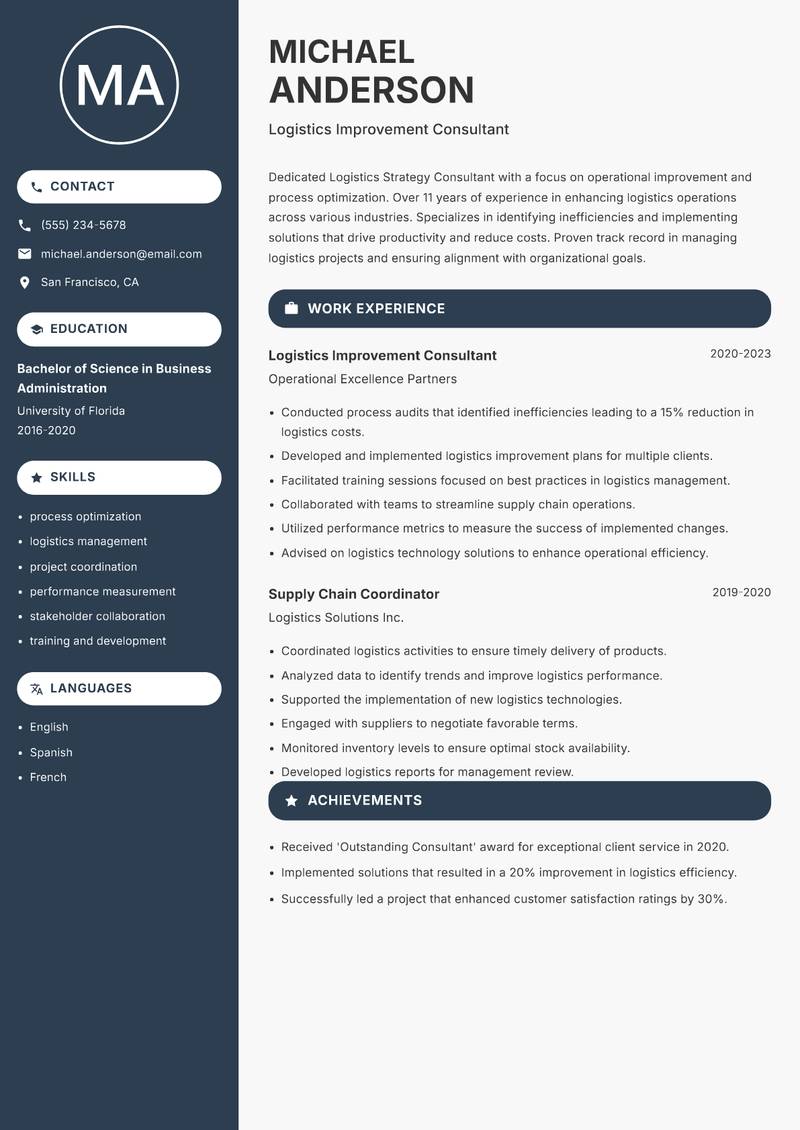 Logistics Strategy Consultant resume sample — Logistics Improvement Consultant focus