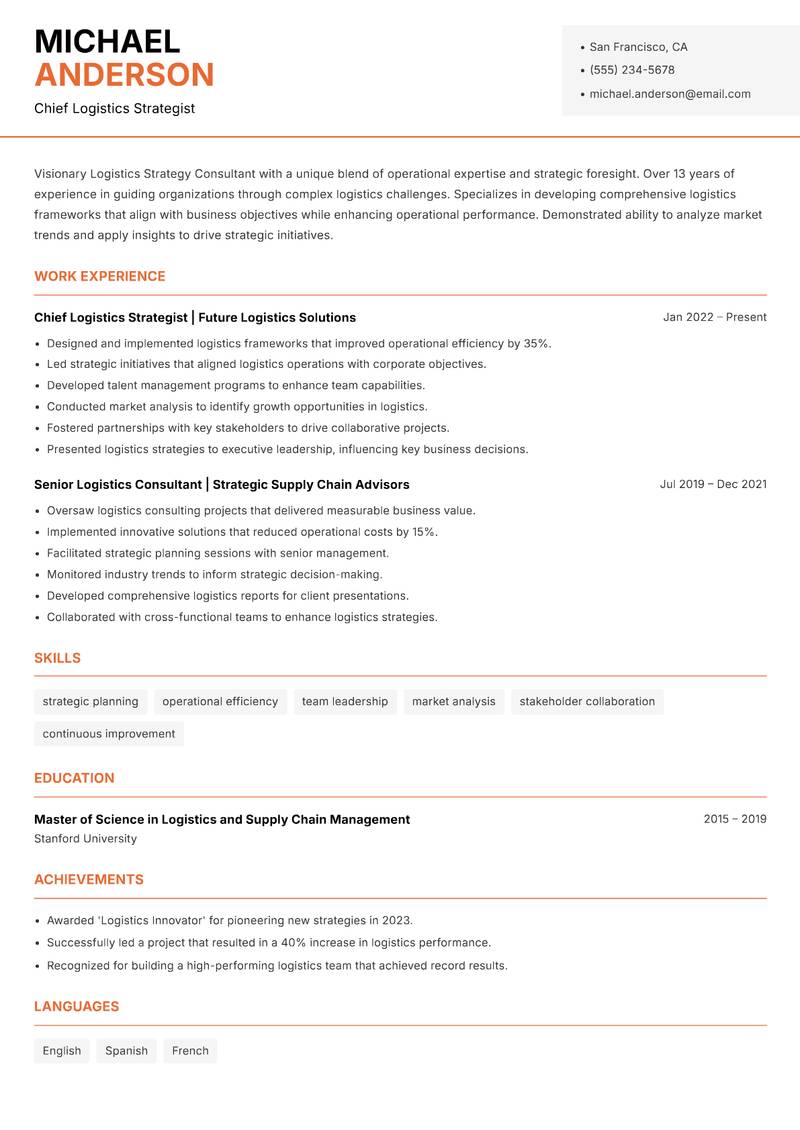 Logistics Strategy Consultant resume sample — Chief Logistics Strategist focus