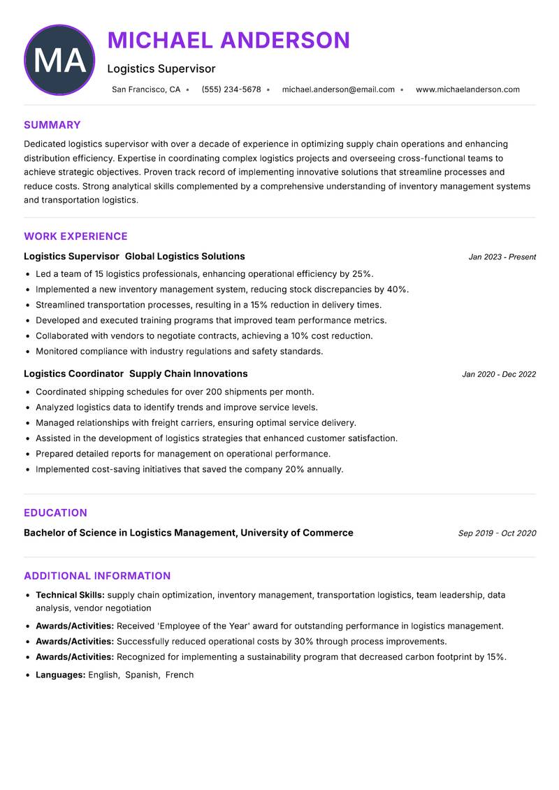 Logistics Supervisor resume example