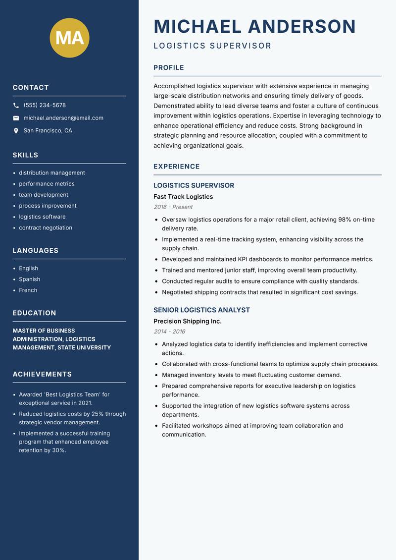 Logistics Supervisor resume sample — Logistics Supervisor focus