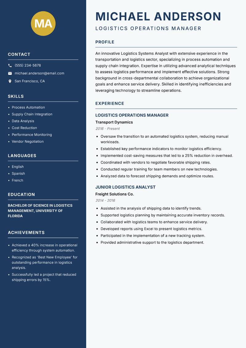 Logistics Systems Analyst resume sample — Logistics Operations Manager focus