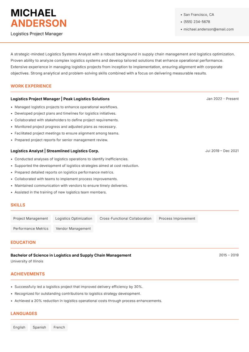 Logistics Systems Analyst resume sample — Logistics Project Manager focus