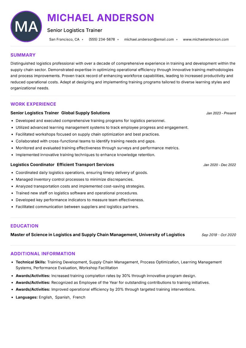 Logistics Trainer resume example