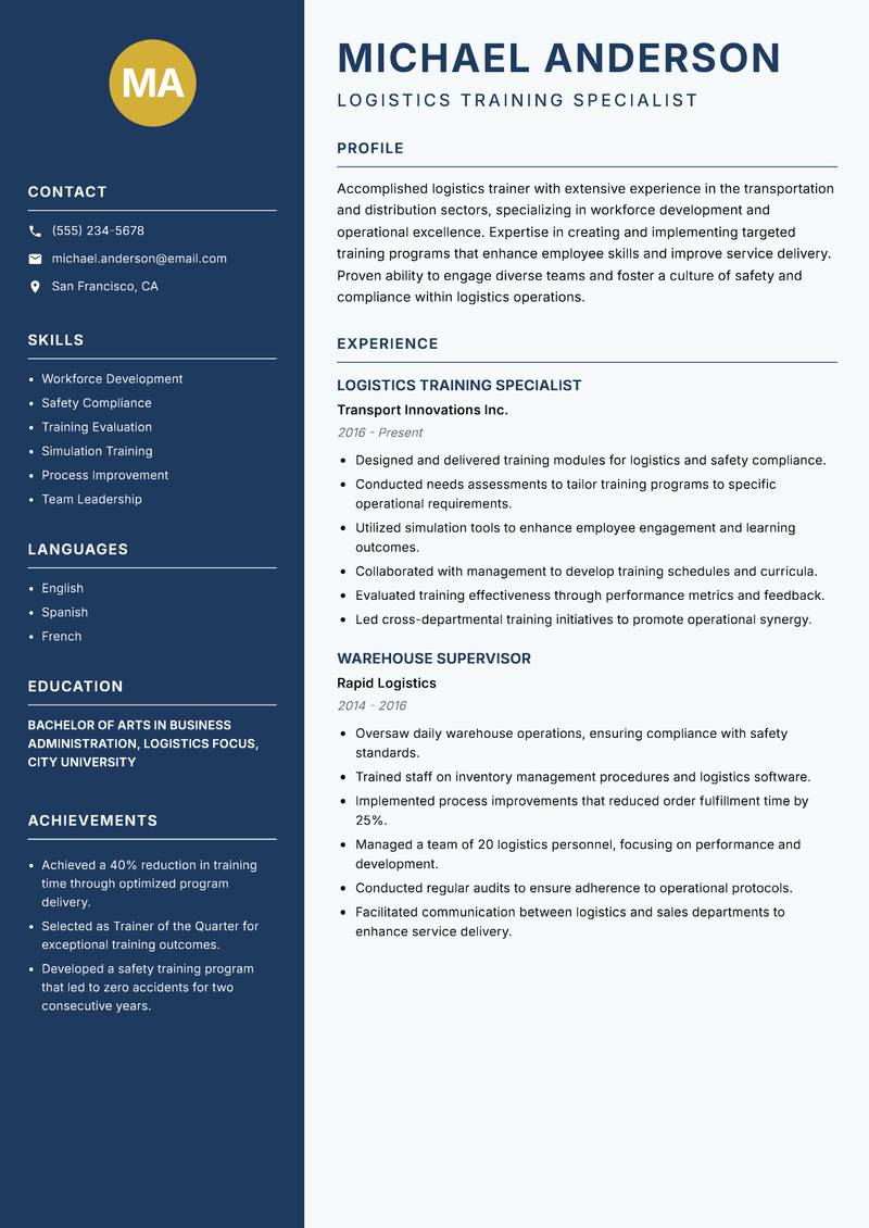 Logistics Trainer resume sample — Logistics Training Specialist focus
