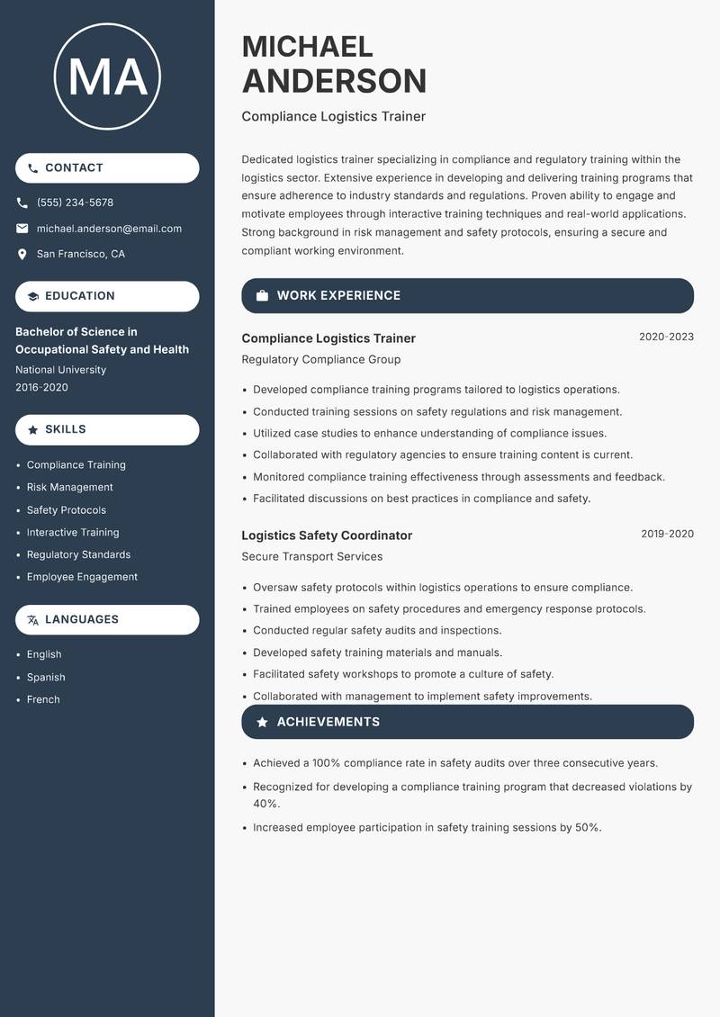 Logistics Trainer resume sample — Compliance Logistics Trainer focus