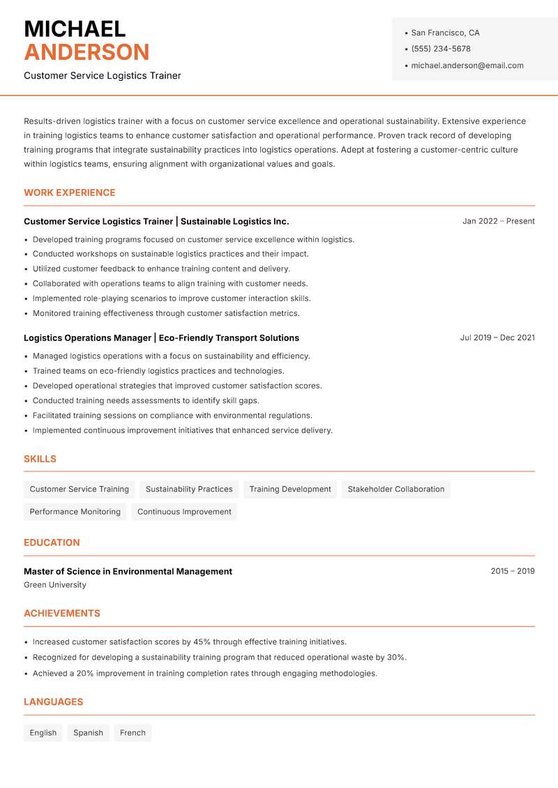 Logistics Trainer resume sample — Customer Service Logistics Trainer focus