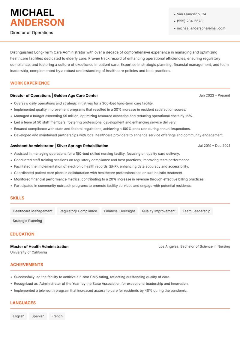 Long-Term Care Administrator resume sample — Director of Operations focus