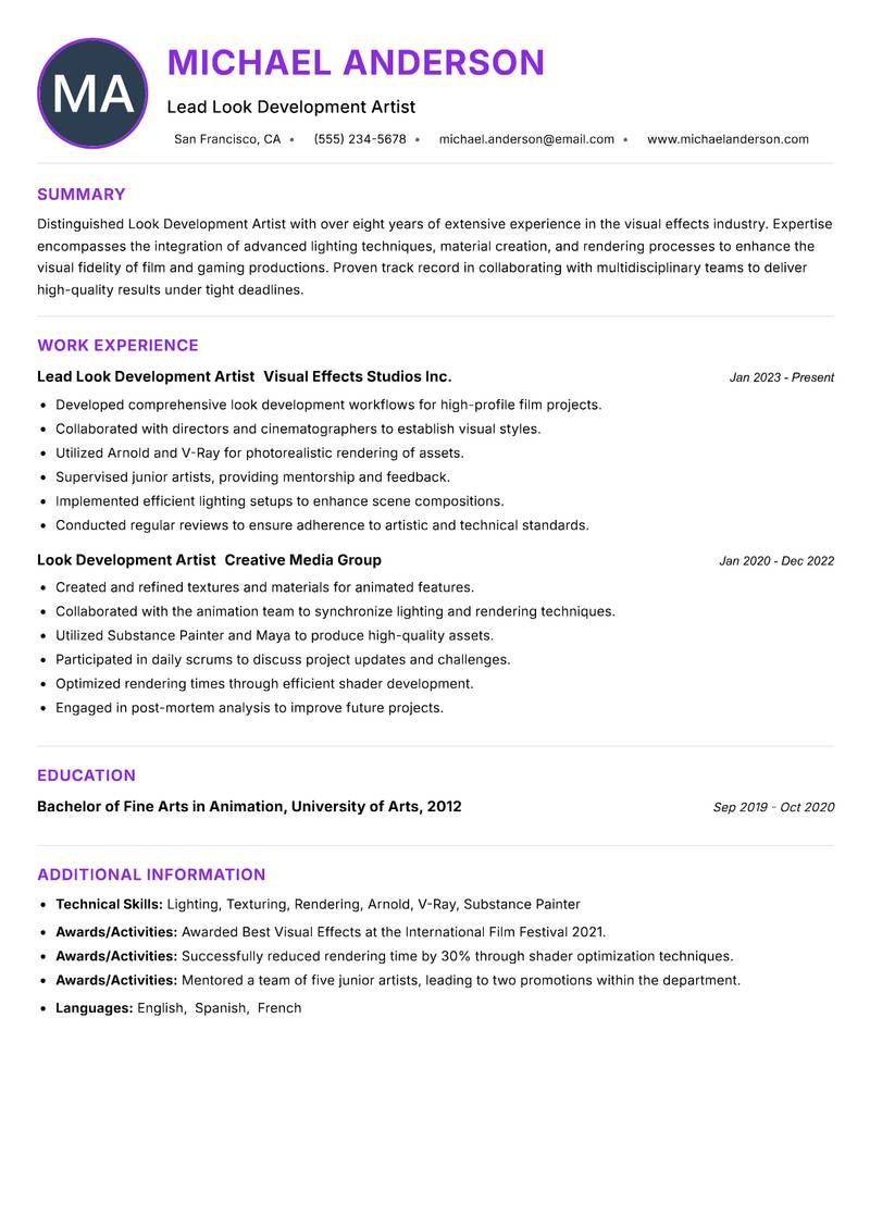 Look Development Artist resume example