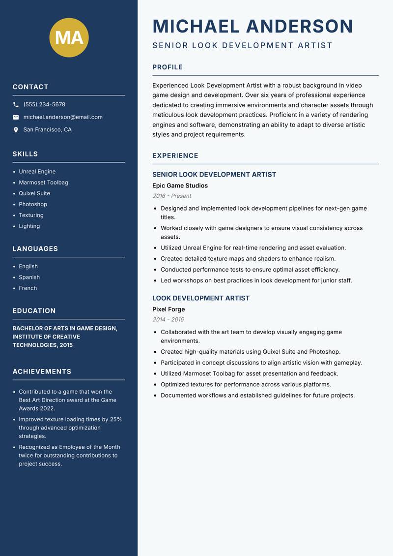 Look Development Artist resume sample — Senior Look Development Artist focus