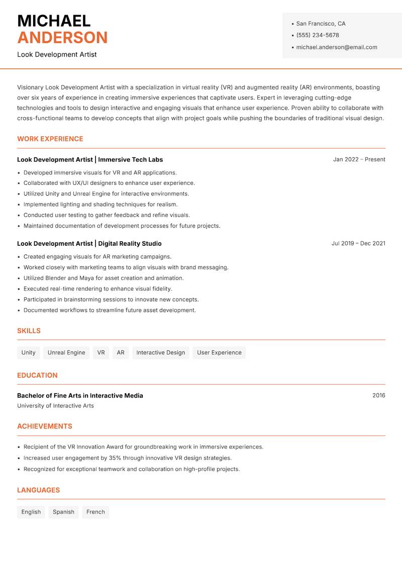 Look Development Artist resume sample — Look Development Artist focus