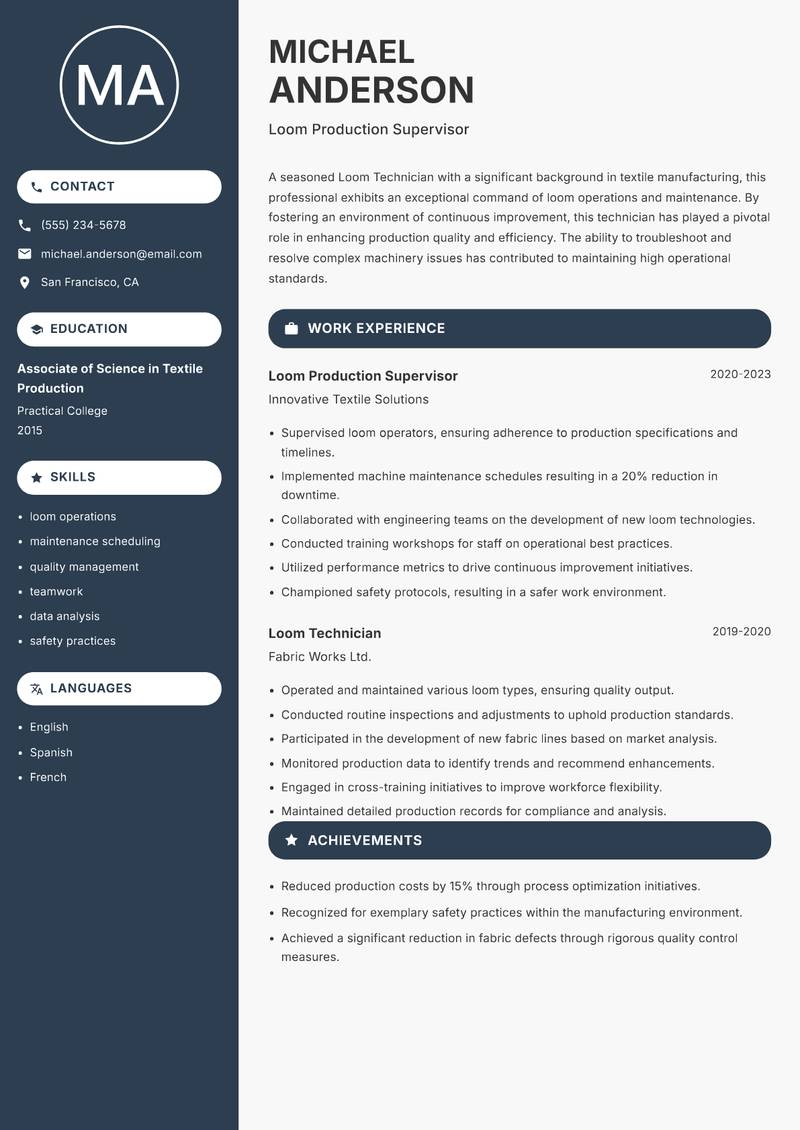 Loom Technician resume sample — Loom Production Supervisor focus