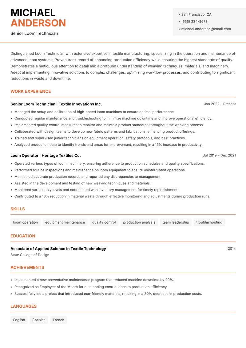 Loom Technician resume sample — Senior Loom Technician focus