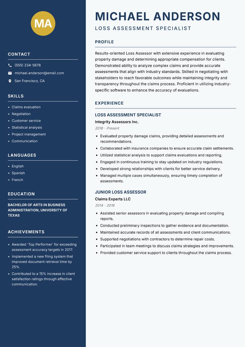 Loss Assessor resume sample — Loss Assessment Specialist focus