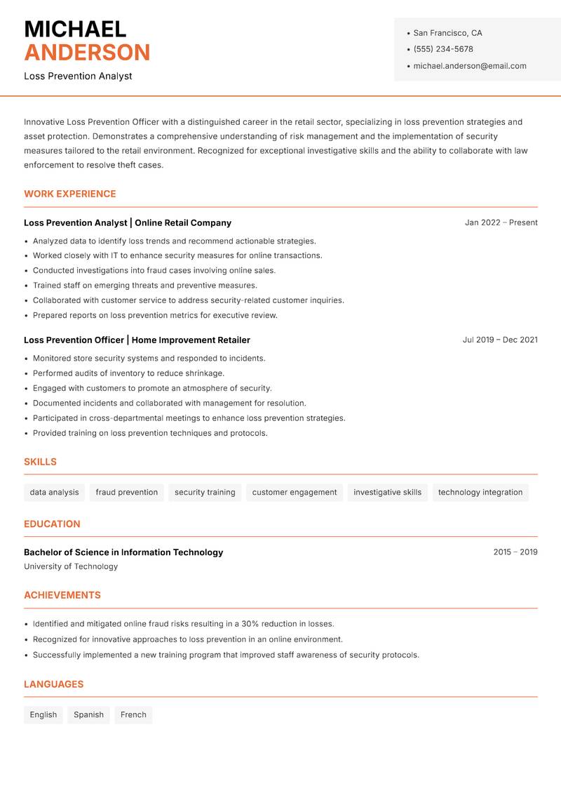 Loss Prevention Officer resume sample — Loss Prevention Analyst focus
