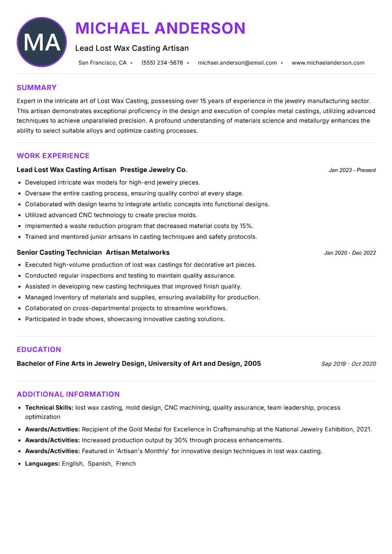 Lost Wax Casting Artisan resume example