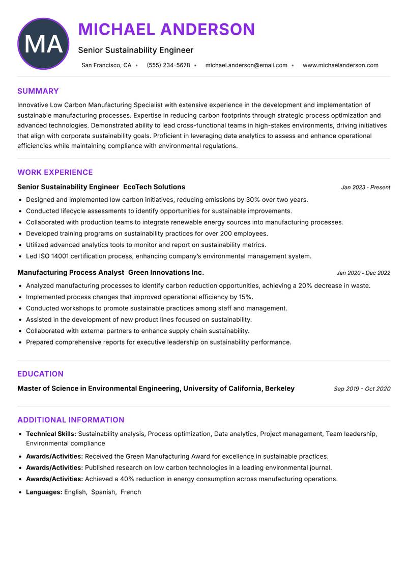 Low Carbon Manufacturing Specialist resume example