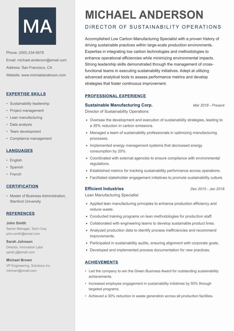 Low Carbon Manufacturing Specialist resume sample — Director of Sustainability Operations focus