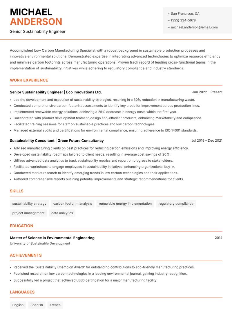 Low Carbon Manufacturing Specialist resume sample — Senior Sustainability Engineer focus