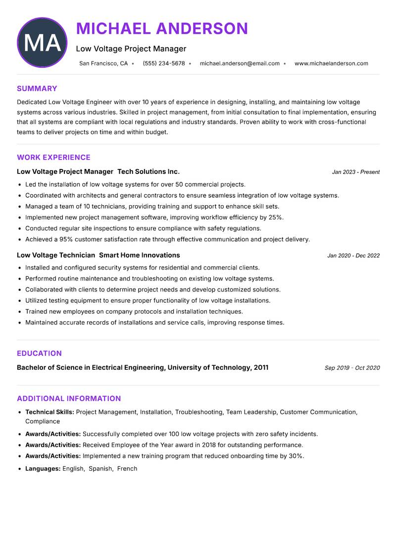 Low Voltage Engineer resume example