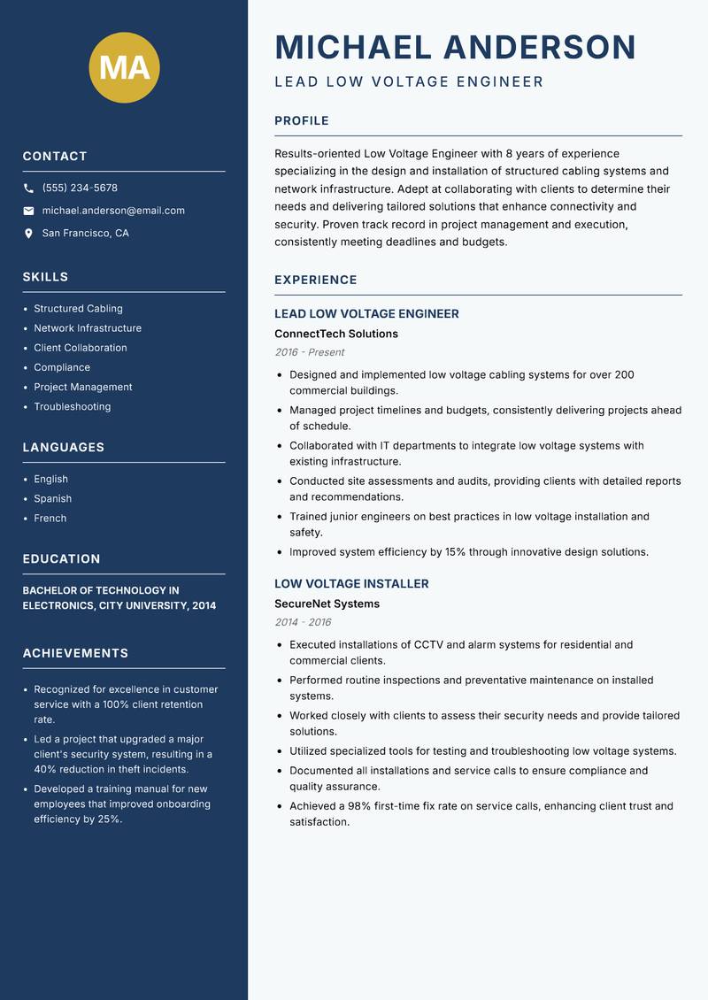 Low Voltage Engineer resume sample — Lead Low Voltage Engineer focus