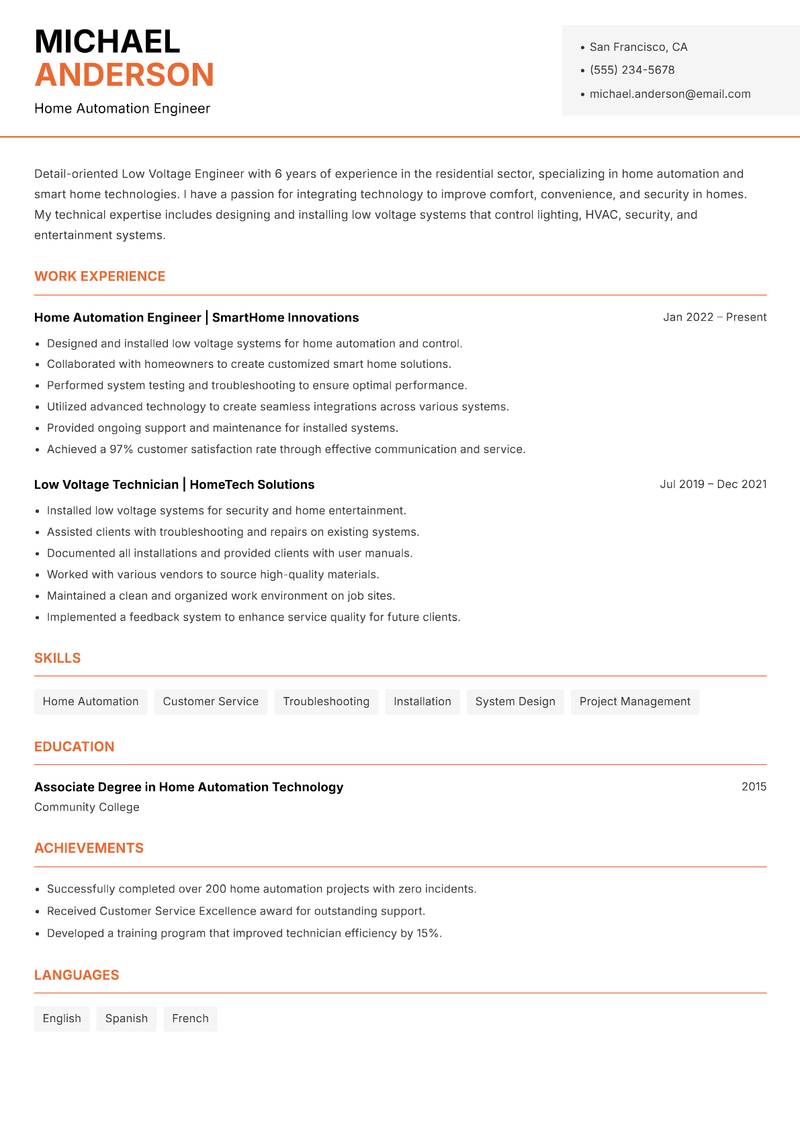 Low Voltage Engineer resume sample — Home Automation Engineer focus