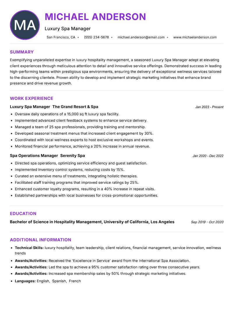 Luxury Spa Manager resume example