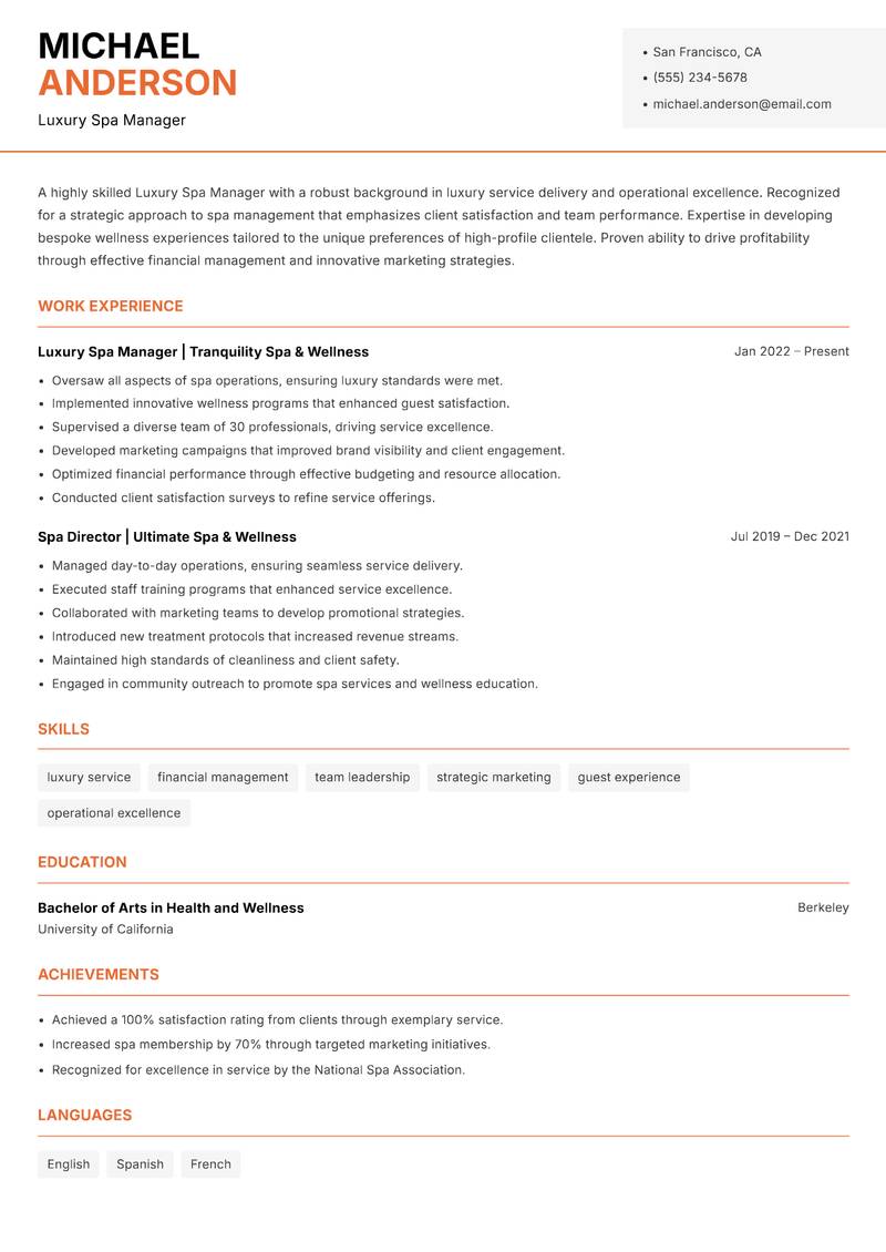 Luxury Spa Manager resume sample — Luxury Spa Manager focus