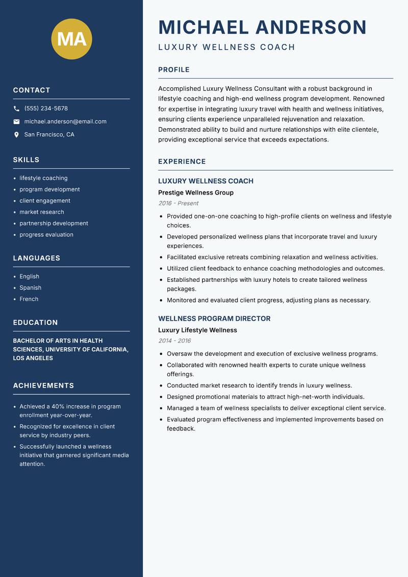Luxury Wellness Consultant resume sample — Luxury Wellness Coach focus