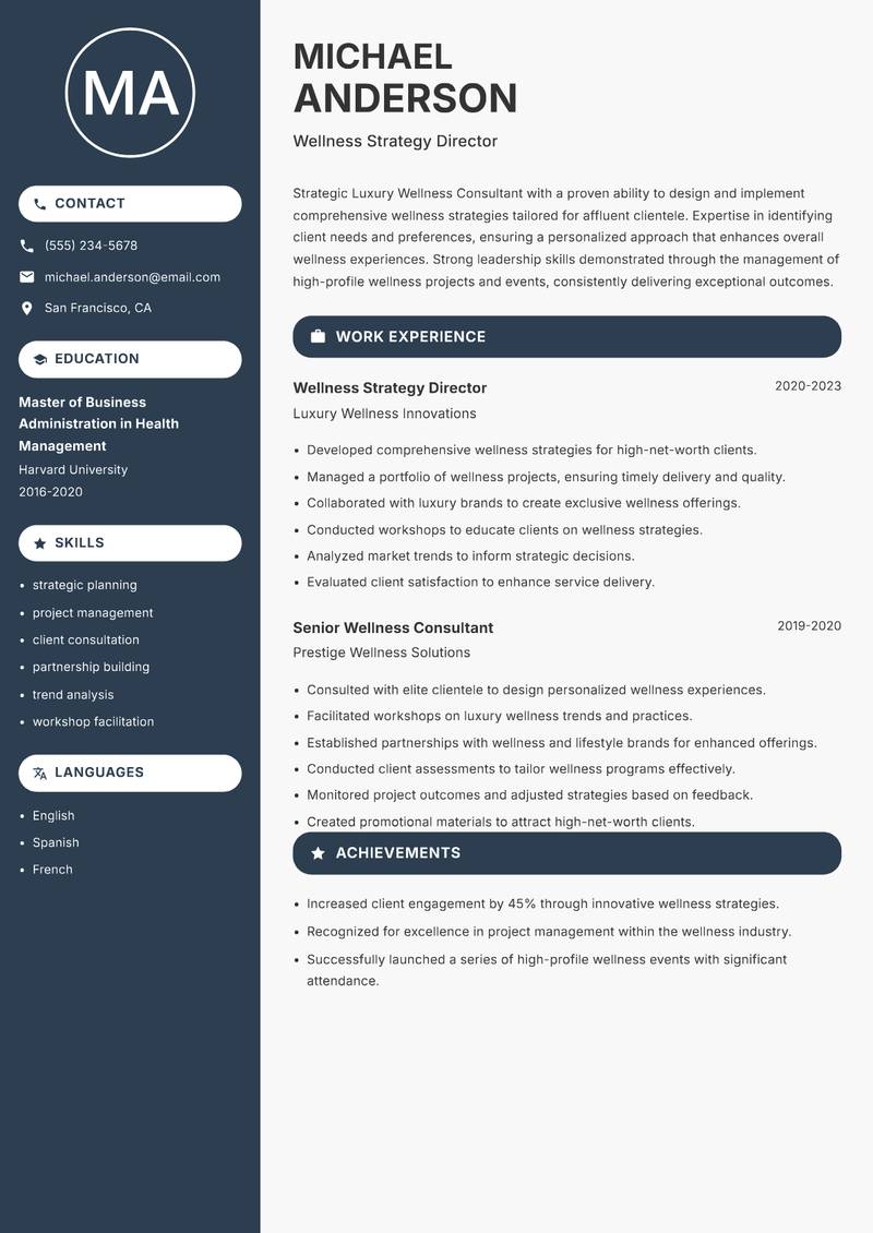 Luxury Wellness Consultant resume sample — Wellness Strategy Director focus