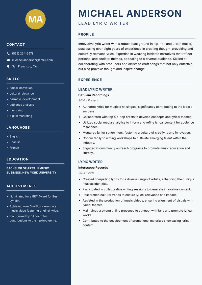 Lyric Writer resume sample — Lead Lyric Writer focus