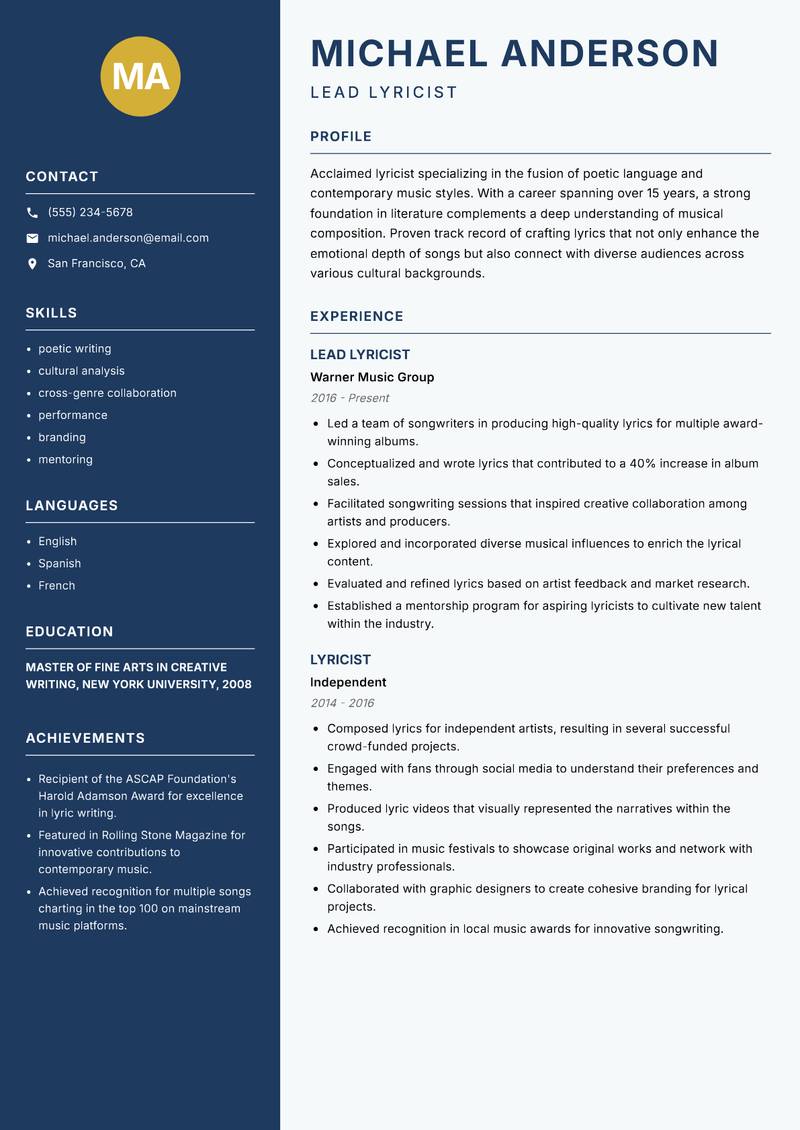 Lyricist resume sample — Lead Lyricist focus
