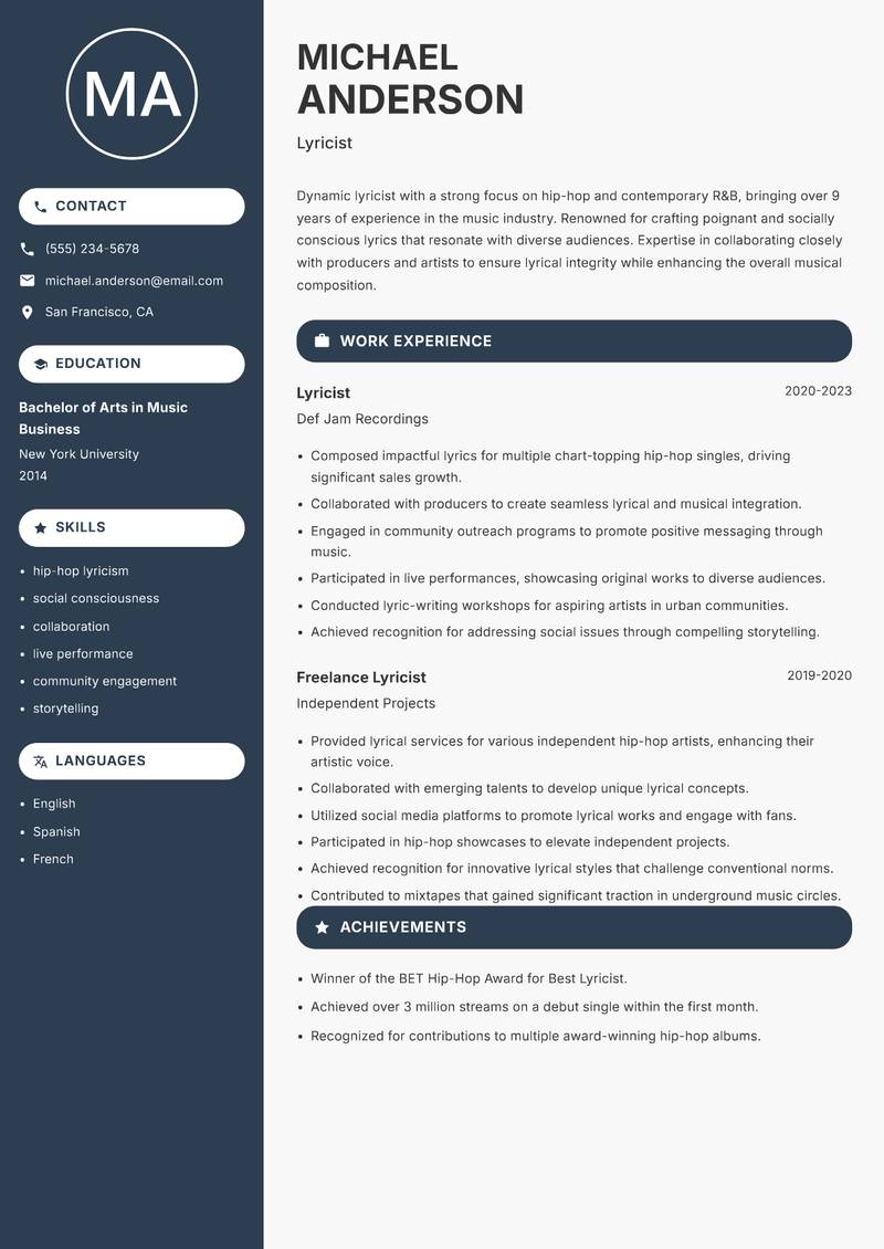 Lyricist resume sample — Lyricist focus