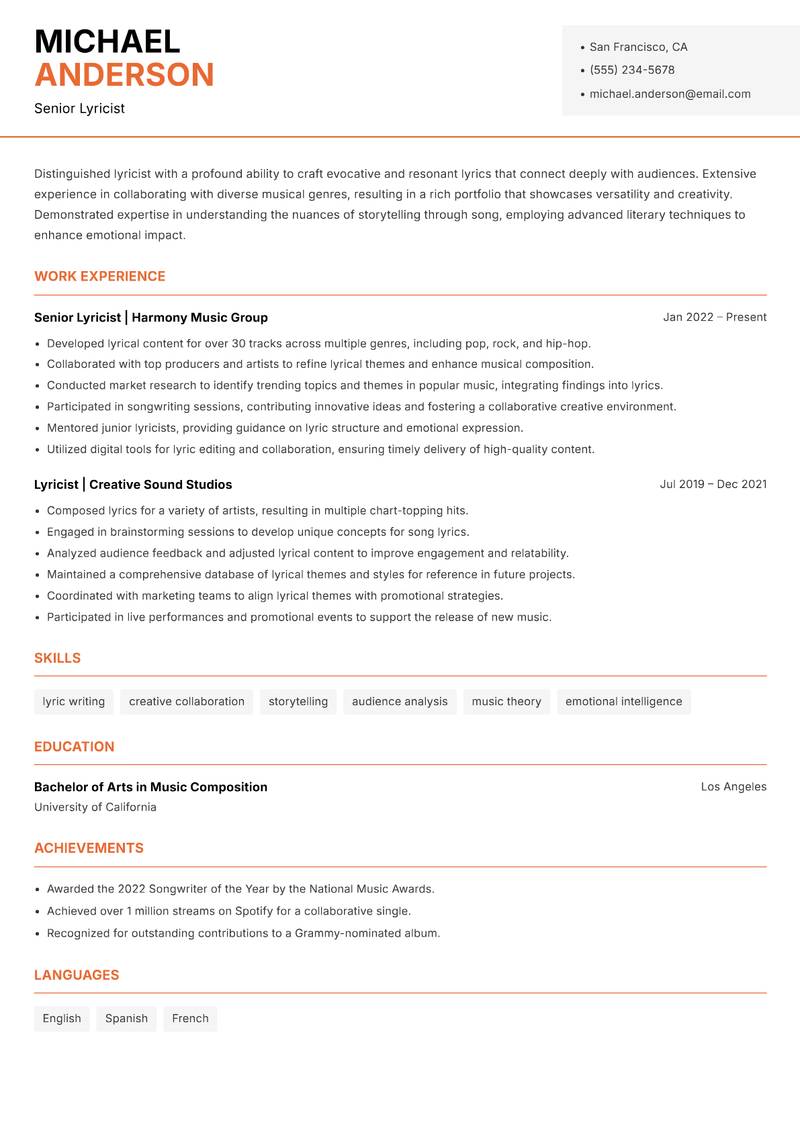 Lyricist resume sample — Senior Lyricist focus