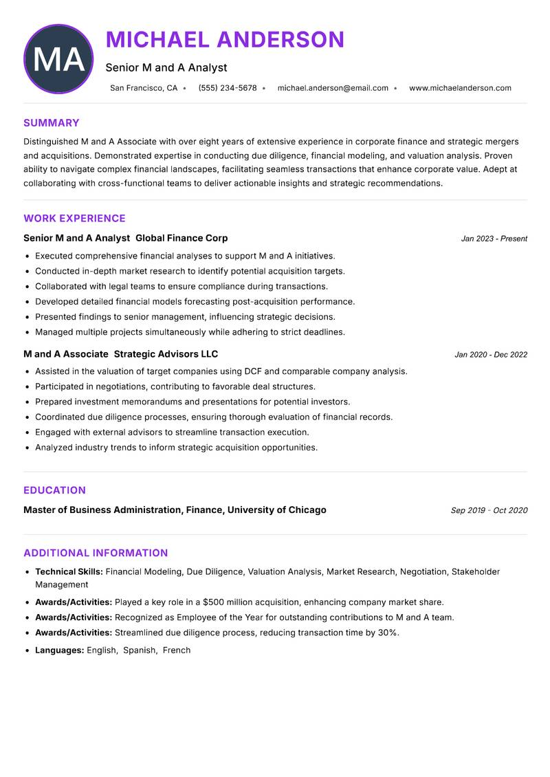 M and A Associate resume example