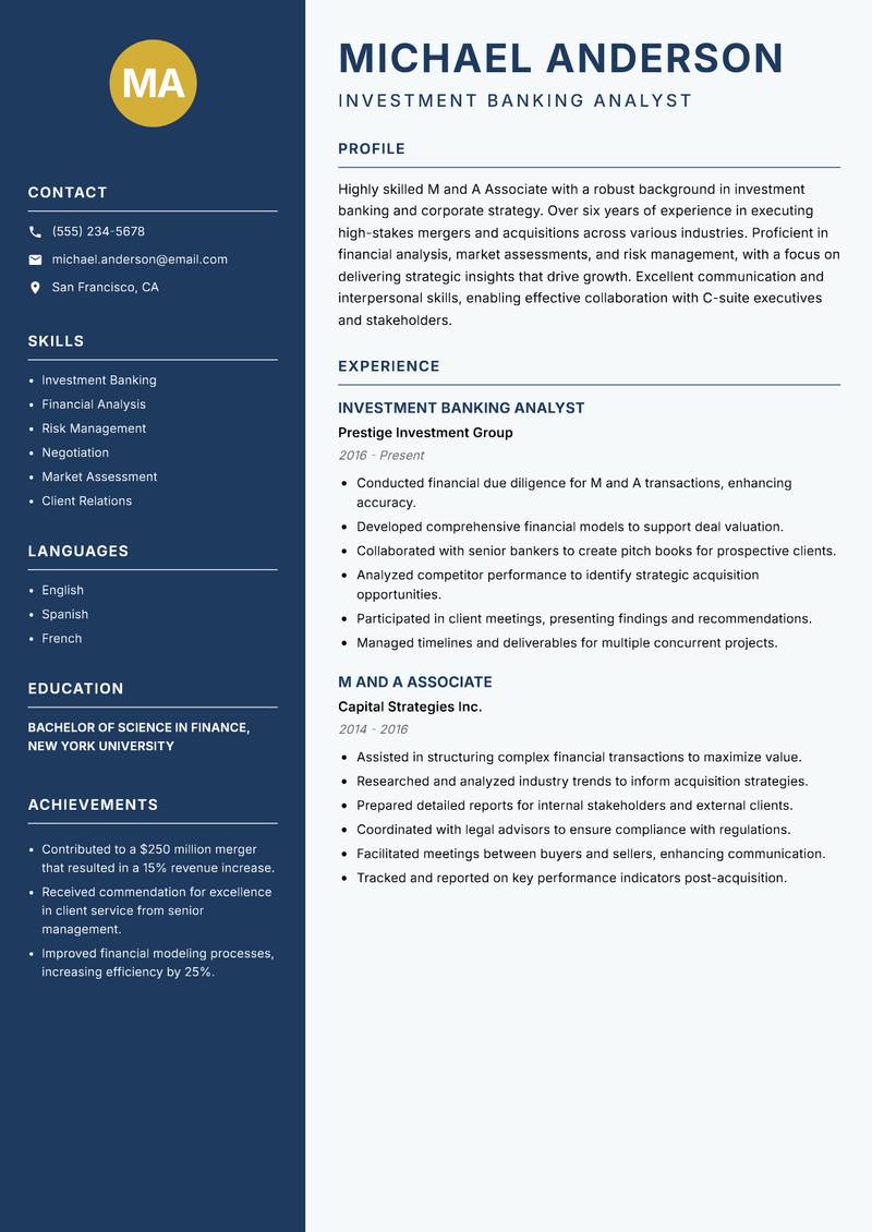 M and A Associate resume sample — Investment Banking Analyst focus