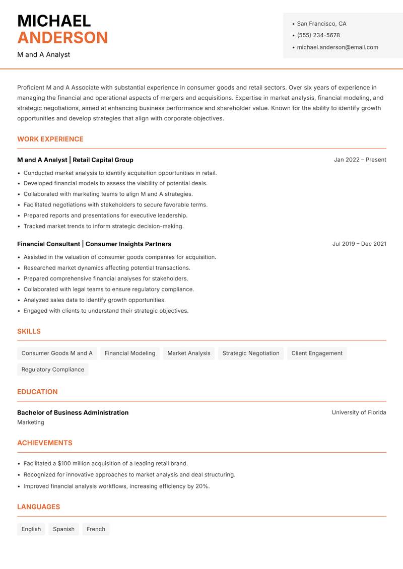 M and A Associate resume sample — M and A Analyst focus