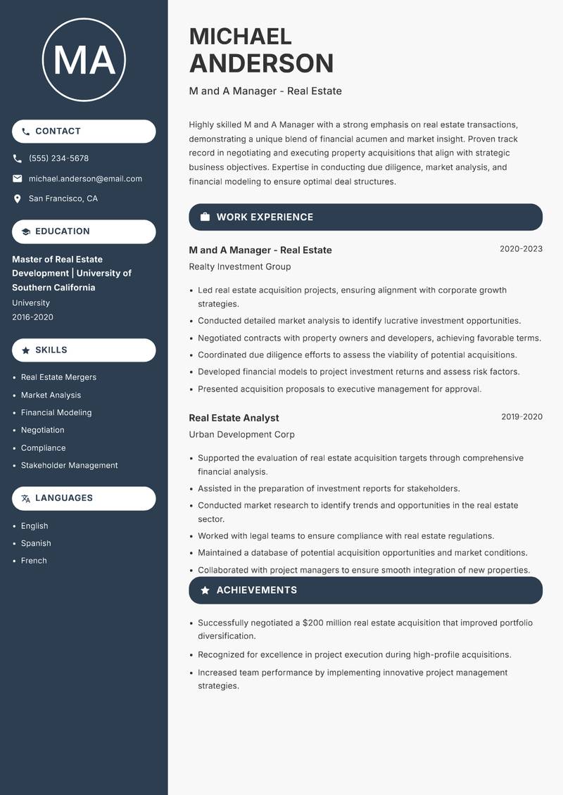 M and A Manager resume sample — M and A Manager - Real Estate focus