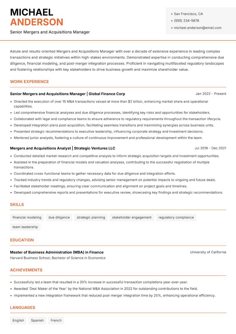 M and A Manager resume sample — Senior Mergers and Acquisitions Manager focus