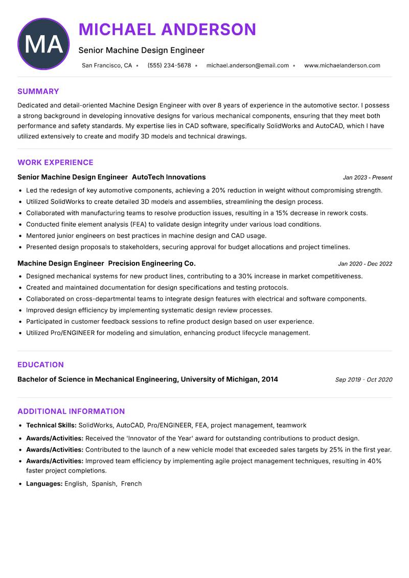 Machine Design Engineer resume example