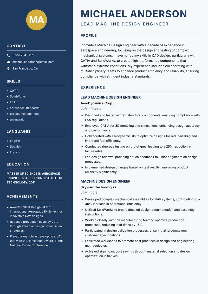 Machine Design Engineer resume sample — Lead Machine Design Engineer focus