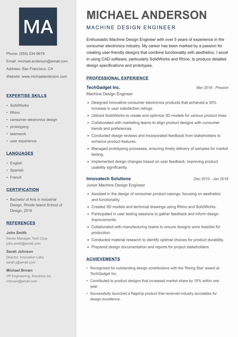 Machine Design Engineer resume sample — Machine Design Engineer focus