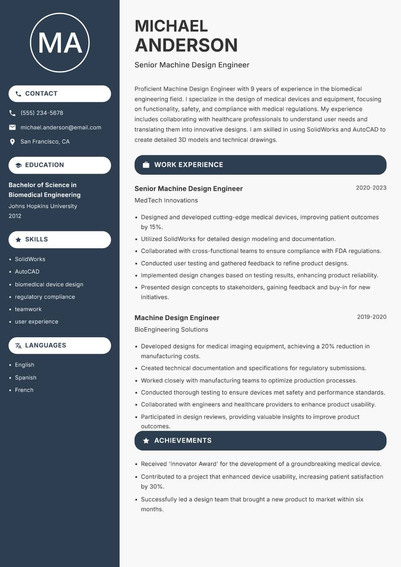 Machine Design Engineer resume sample — Senior Machine Design Engineer focus