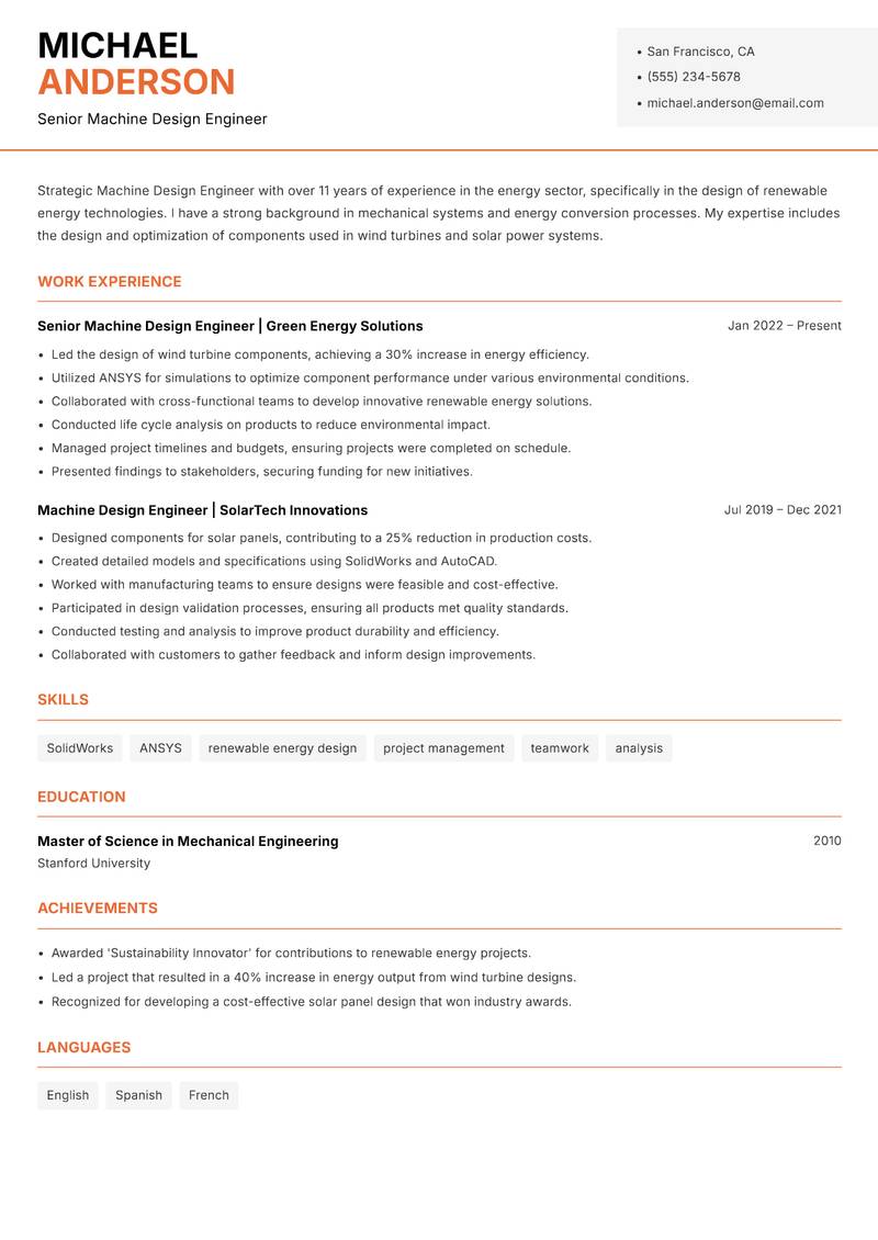 Machine Design Engineer resume sample — Senior Machine Design Engineer focus