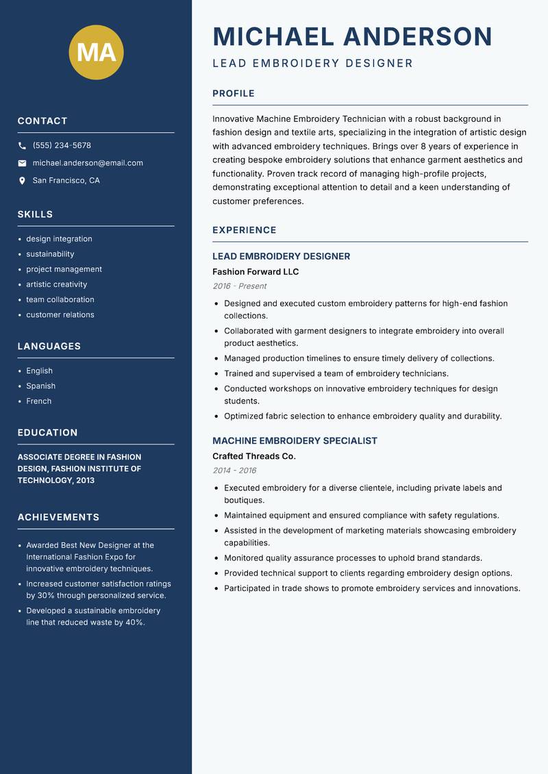 Machine Embroidery Technician resume sample — Lead Embroidery Designer focus