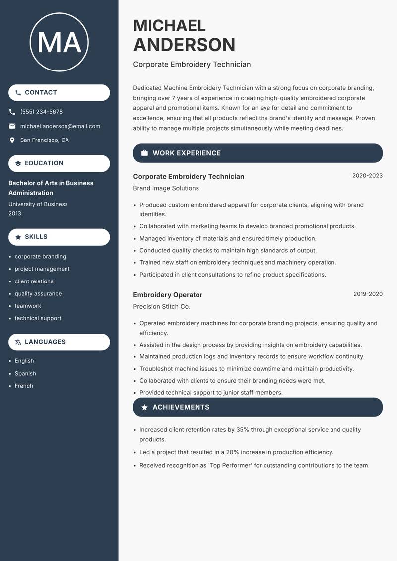 Machine Embroidery Technician resume sample — Corporate Embroidery Technician focus